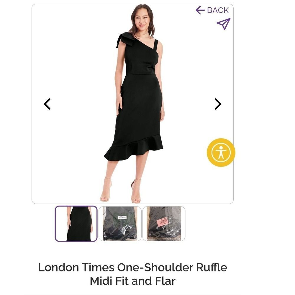 London Times One-Shoulder Ruffle Midi Fit and Flare Dress Cocktail- BLACK 14
